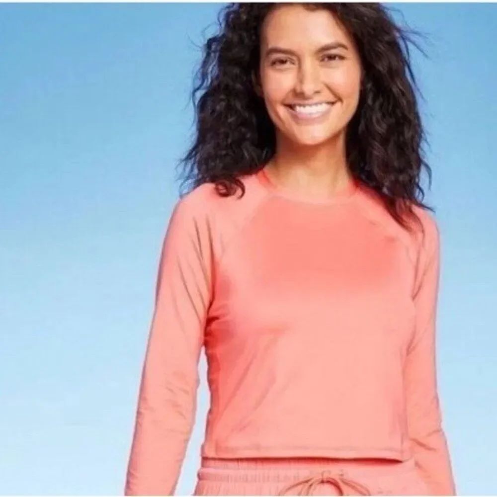 Women's Large 12 -14 Cropped Long Sleeve Top Rash Guard Coral Cover Up NWT $40